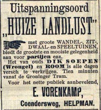 Een laat voorbeeld van een wrongelhuis ten zuiden van de stad Groningen was Landlust in Helpman, bekender onder de naam van uitbater Vorenkamp, die er speeltuin en tennisbanen bij aanlegde. Bron: Nieuwsblad van het Noorden 24 mei 1911.