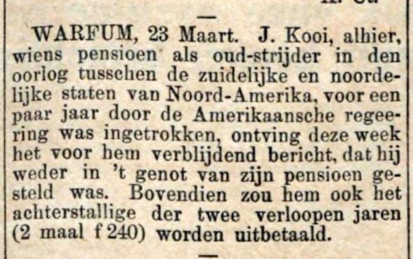 J Kooi Warffum veteraan Amerikaanse burgeroorliog NvhN 27.3.1895