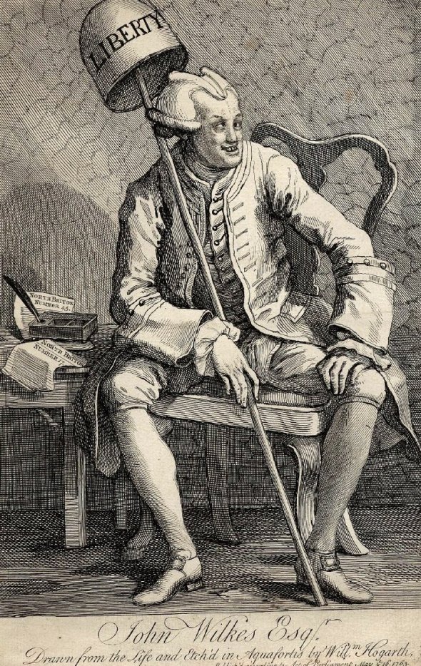 y - Hogarth karikaturaal portret van John Wilkes met Vrijheidsmuts. 1763 Ets.