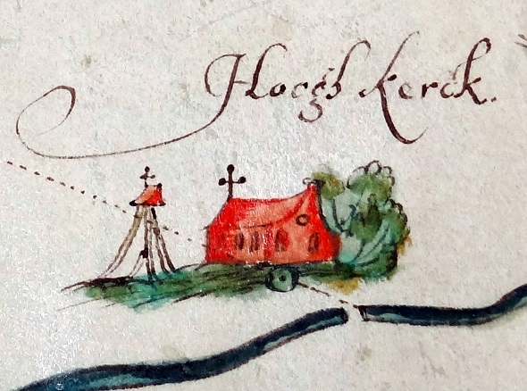 De kerk en de klokkestel van Hoogkerk, ca. 1650.