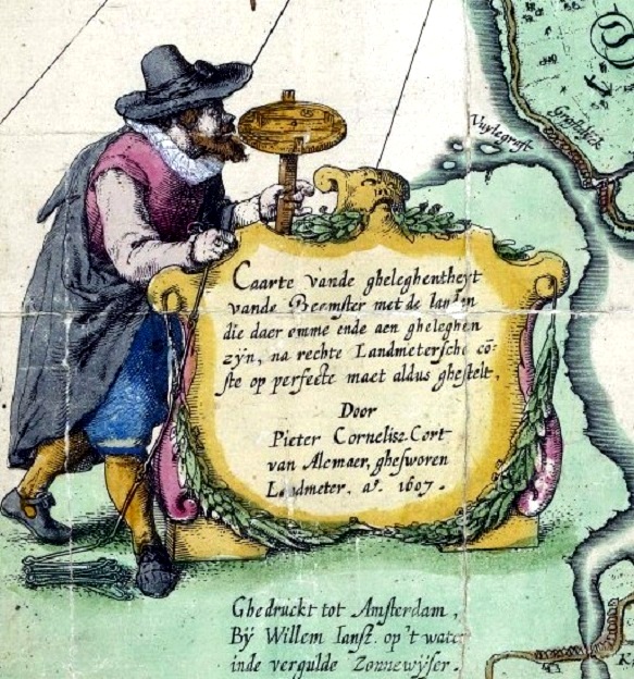 Landmeter met instrumenten op een kaart van de Beemster door Pieter Cornelisz Cort (1607). 