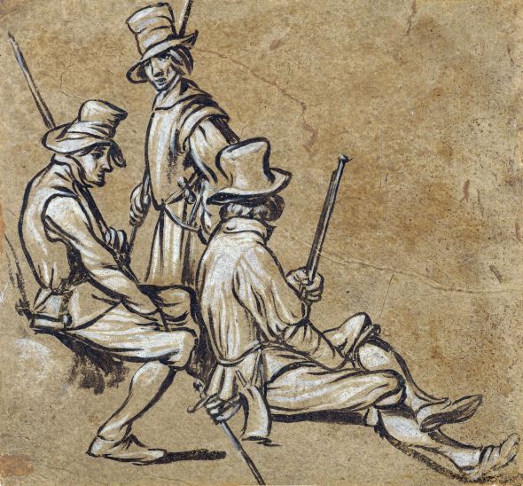 Groep van drie soldaten, Jan van de Velde (II), 1603 - 1641  Rm RP-T-1891-A-2447