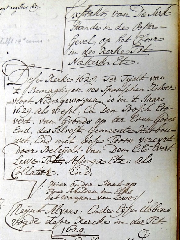 Afschrift (18e eeuw) van het opschrift uit 1629. Groninger Archieven, Toegang 657 Verzamling Keiser, inv.nr. 164.