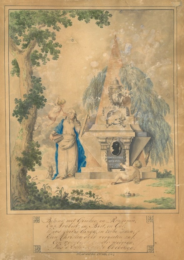 De vervaagde prent met het grafschrift voor Hyleke Gockinga. Collectie RHC Groninger Archieven 518-23.