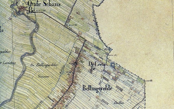 Linksboven Oudeschans, ongeveer in het midden De Lethe en rechts Duitsland. Topografische en militaire kaart ca. 1854.