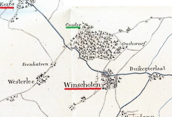 Als je van Eexta (lionksboven) naar Winschoten (rechtsonder) langs het Winschoterdiep ging, kwam je langs het Kloosterholt, een vrij groot bos.