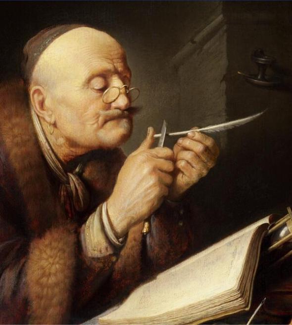 Gerrit Dou - Schoolmeester scherpt zijn pen.