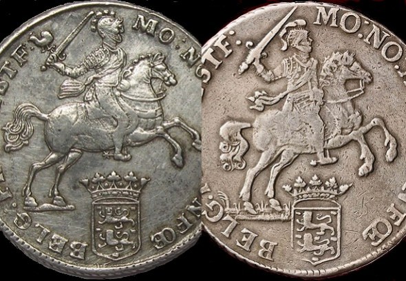 Twee Friese ducatons (1760 en 1776), redelijk gaaf en afgesleten. Zoek de verschillen!