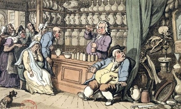 De kwakzalver of de Europese dodendans. Ingekleurde prent (1814). Collectie British Museum.