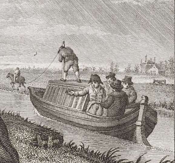 Trekschuit op een prent van Reinier Vinkeles. Collectie Rijksmuseum.